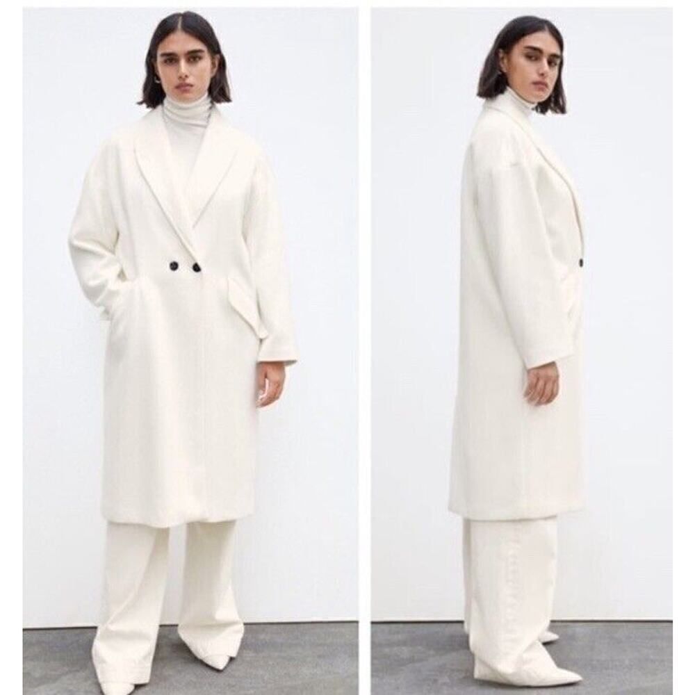 Zara white oversized cotton double breast soft coat XS
